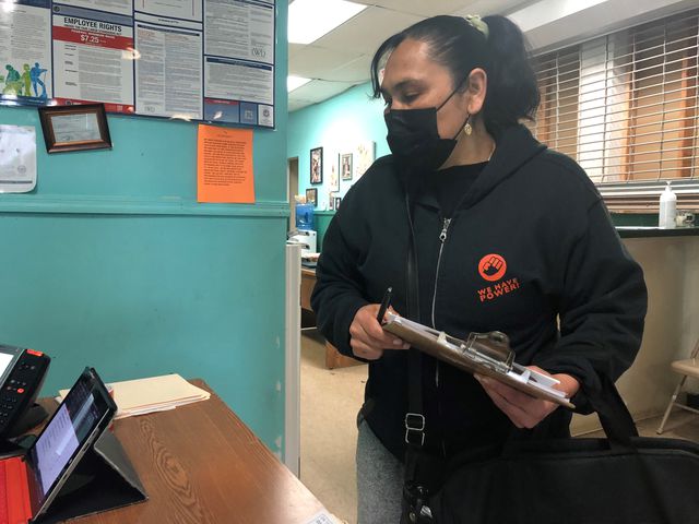 New Labor organizer Reynalda Cruz visits a temporary staffing agency in New Brunswick, April 23rd, 2021.